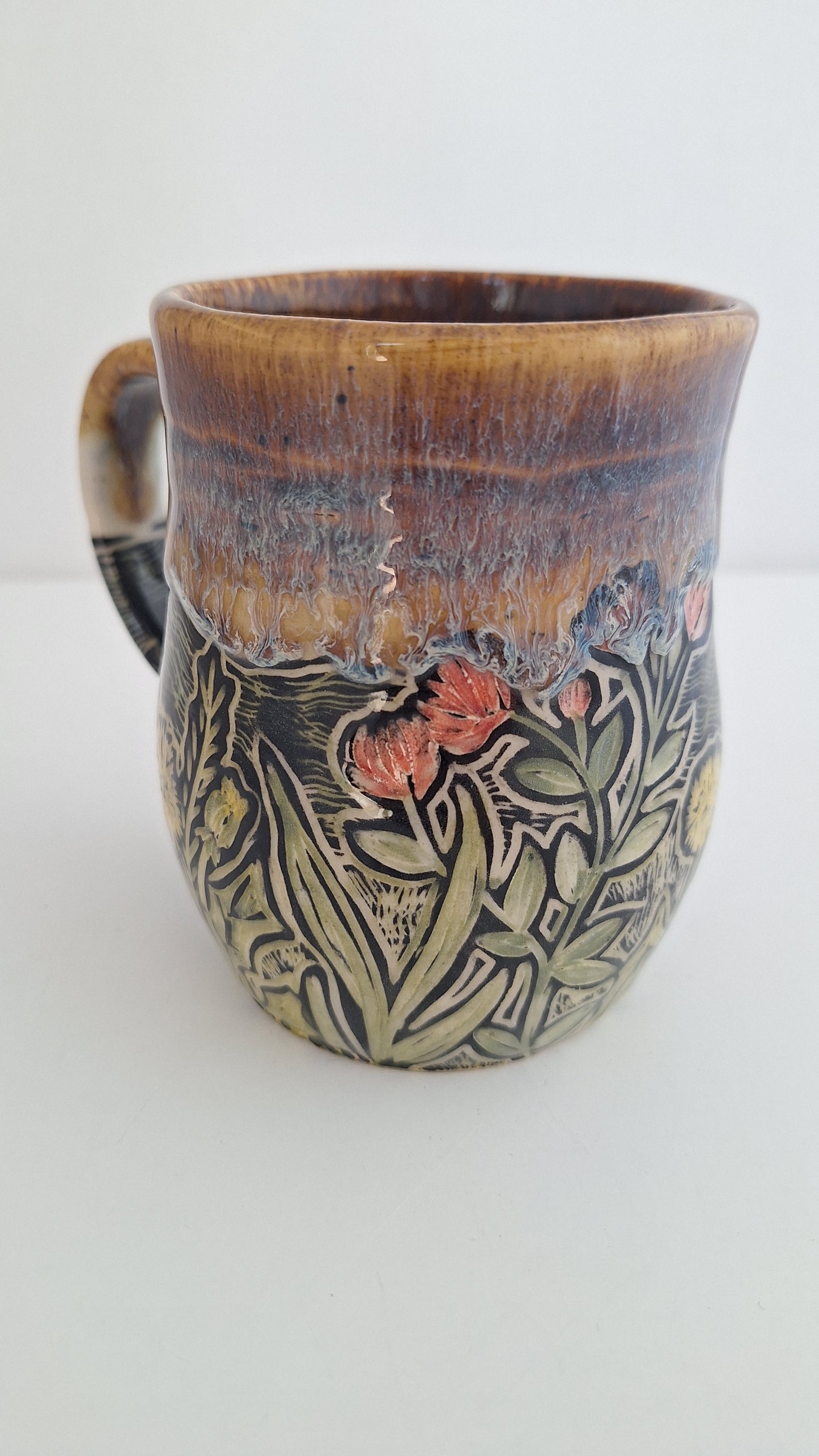 Hand Carved Botanical Stoneware Mug – Barn & Farm Field - One of a Kind Sgraffito Mug