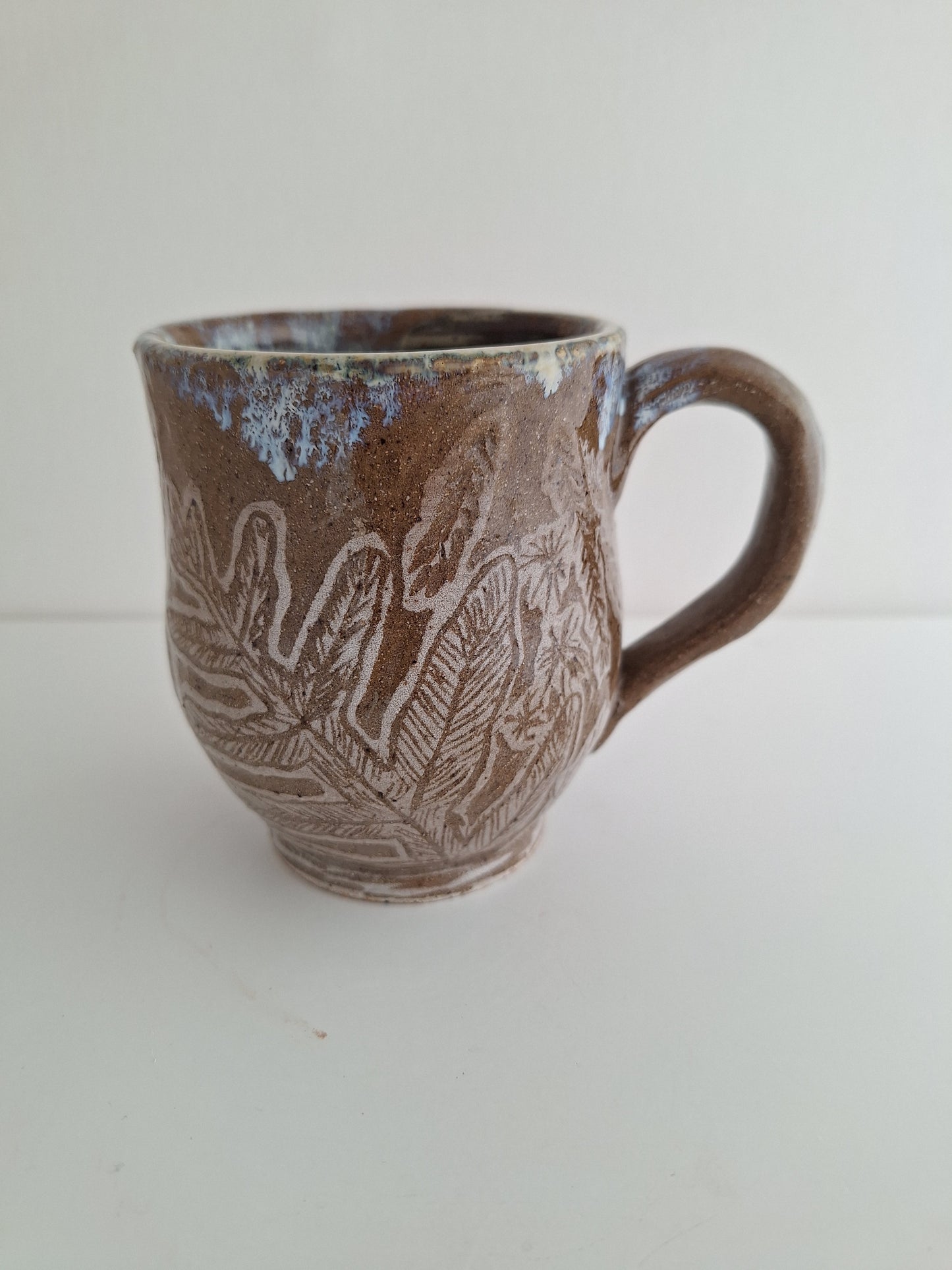 Hand Carved Botanical Stoneware Mug – Mushroom Fern - One of a Kind Sgraffito Mug